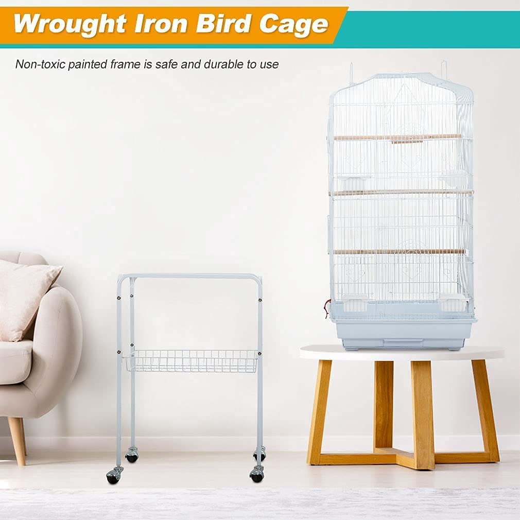 NiamVelo 64-inch Metal Bird Cage with Rolling Stand & Bottom Tray, Pet Storage Shelf Parrot Cage with Open Play Top for Lovebirds & Parakeets, White