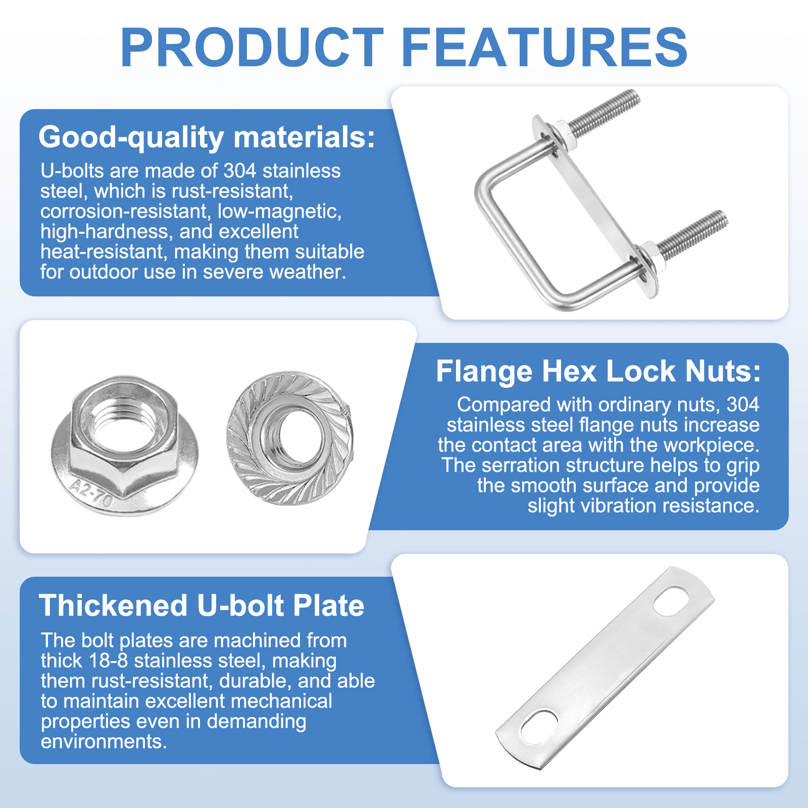 Uxcell 4 Set M8 2 Inch Inner Wide Square U Bolts, 3-1/8 Inch Length 304 Stainless Steel U-Bolts with Flange Hexagon Nuts, Frame Plates for Trailer, Automotive, (50mm W x 80mm L)