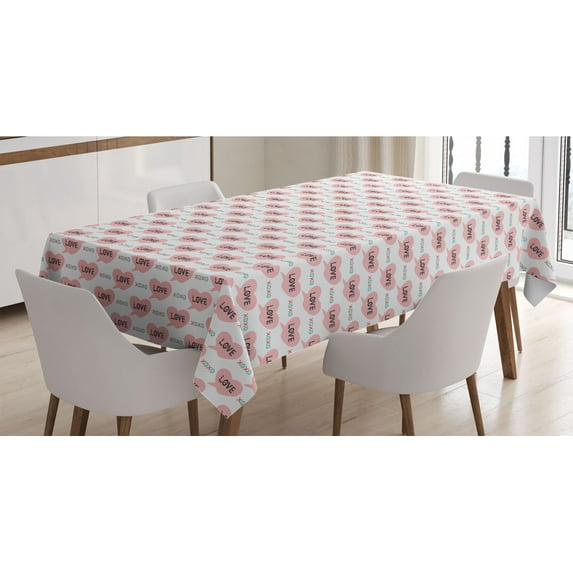 Romantic Tablecloth, Valentine's Day Hearts Along Xoxo Letters Love Themed Teenage Birthday, Rectangle Satin Table Cover for Dining Room and Kitchen, 60" X 84", Pale Pink and White, by Ambesonne