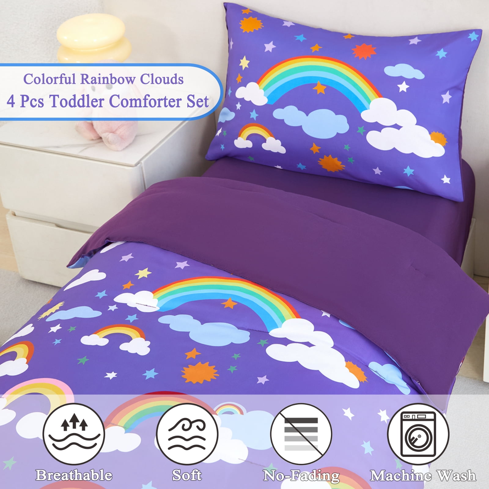 ZRNBAST 4 Piece Toddler Comforter Set for Girls, Soft Colorful Rainbow Clouds Printed Bedding Set, Purple