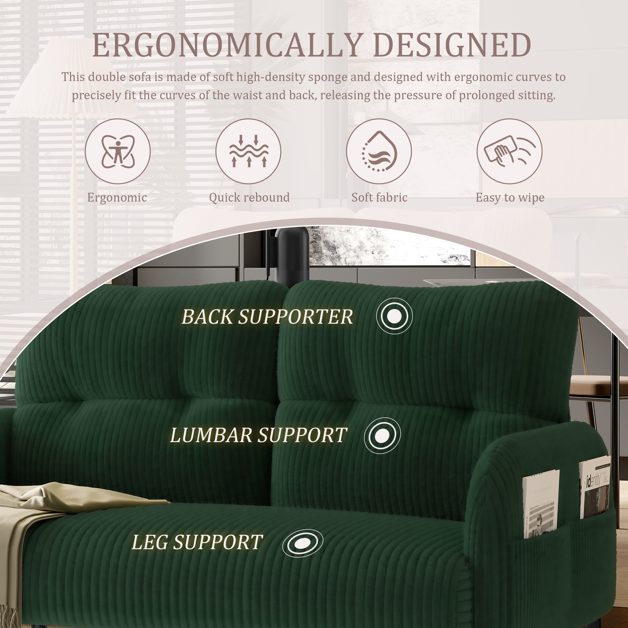 MOONMISS Corduroy Upholstered Tufted Comfortable Wood Frame Loveseats Sofa with Double Side Pocket-Emerald