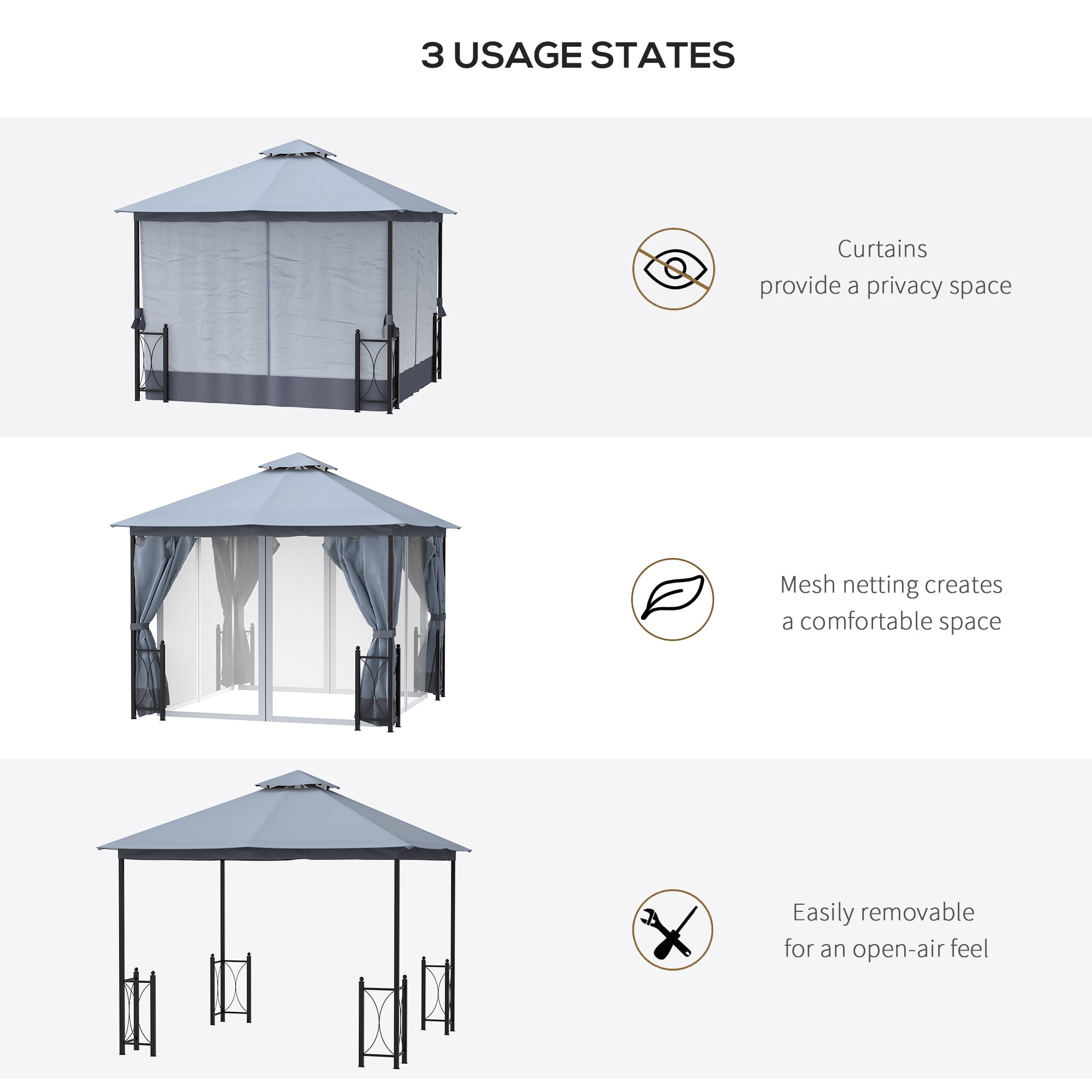 Outsunny 11' x 13' Patio Gazebo, Double Roof with Netting & Curtains