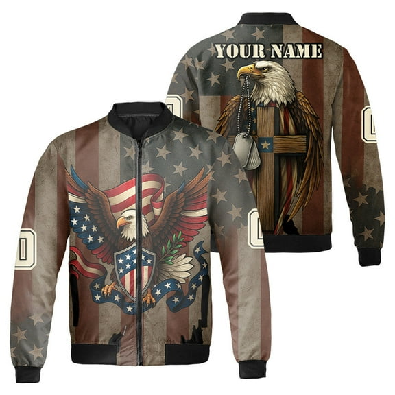 Custom American Eagle Bomber Jacket – Patriotic USA Flag & Cross Veteran Gift for Men & Women