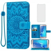 Asuwish Compatible with Samsung Galaxy J5 2016 Wallet Phone Case and Tempered Glass Screen Protector Flip Credit Card Holder Stand Mandala Flower Cell Cover for J5 Duos 6 SM-J510MN Women Men Blue