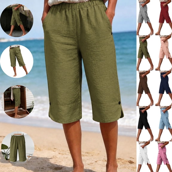 Gamivast Capri Pants for Women Straight Leg Fit Cropped Pants with Pockets High Waisted Elastic Waist Lounge Capri Sof Casual Pants Summer Daily Wear