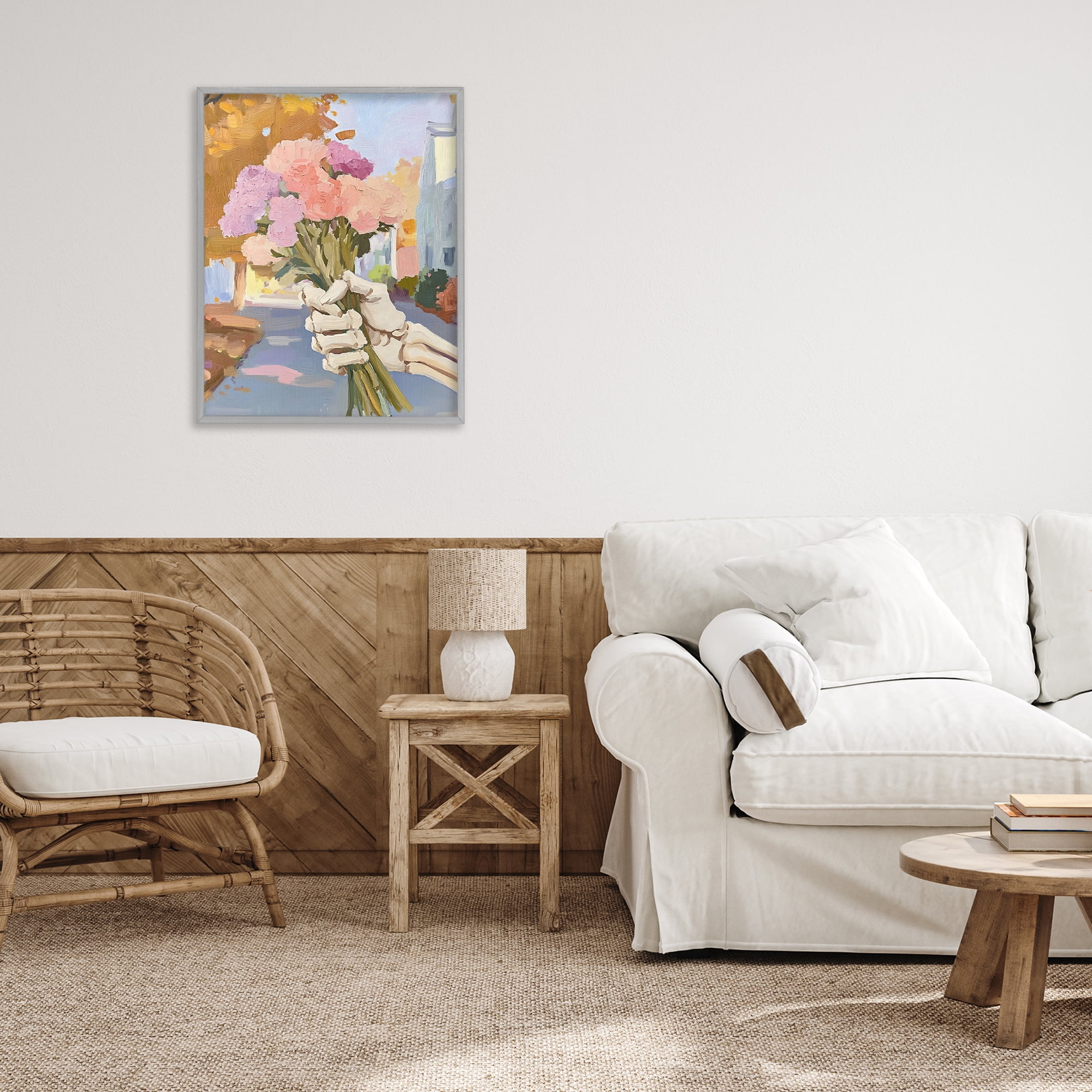 Stupell Industries Skeleton Hand Holding Flowers Gray Framed Giclee Art, design by The Prints Vibe