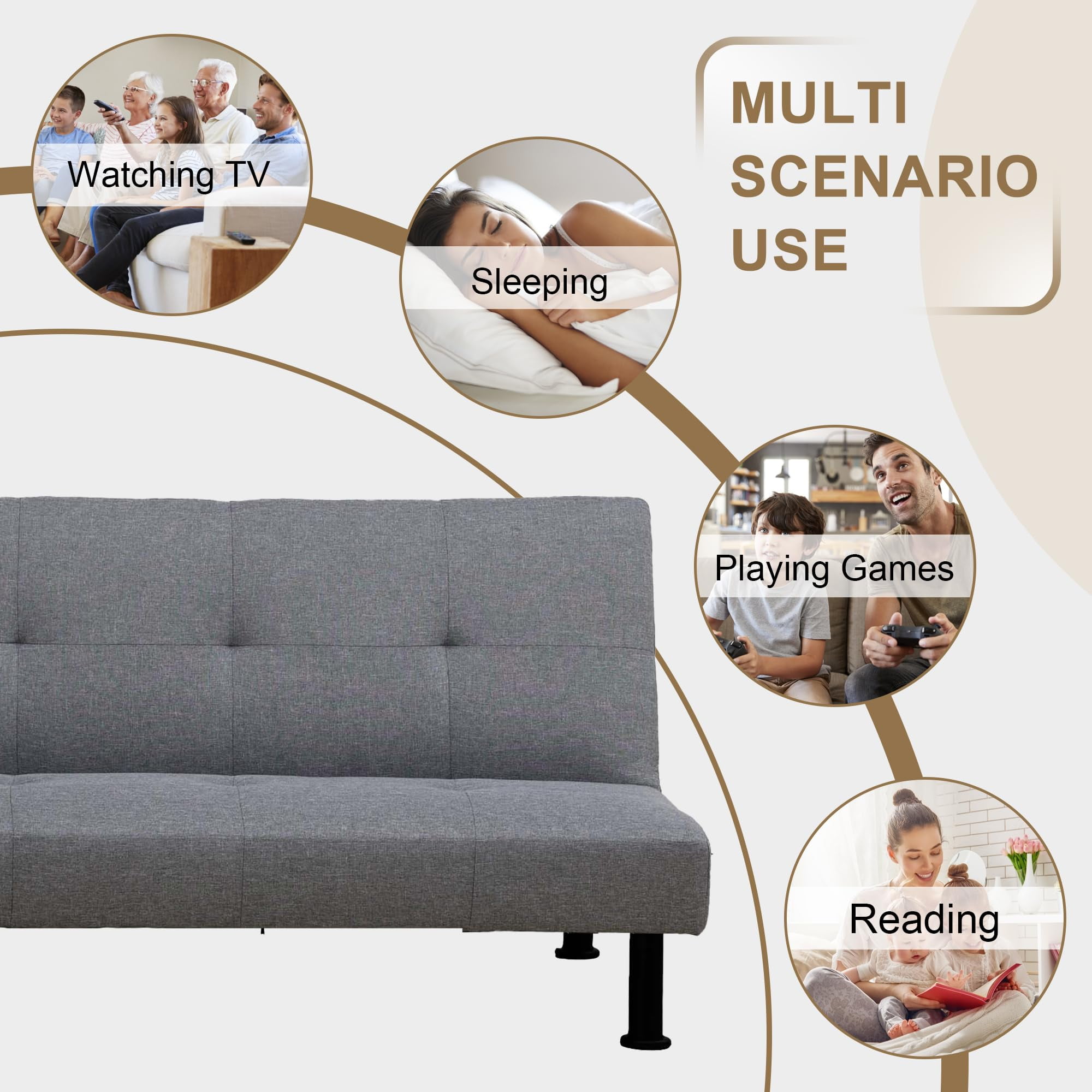 Aukfa Modern Futon Convertible Sofa Bed for Home Office, Tufted Back, Linen, Gray