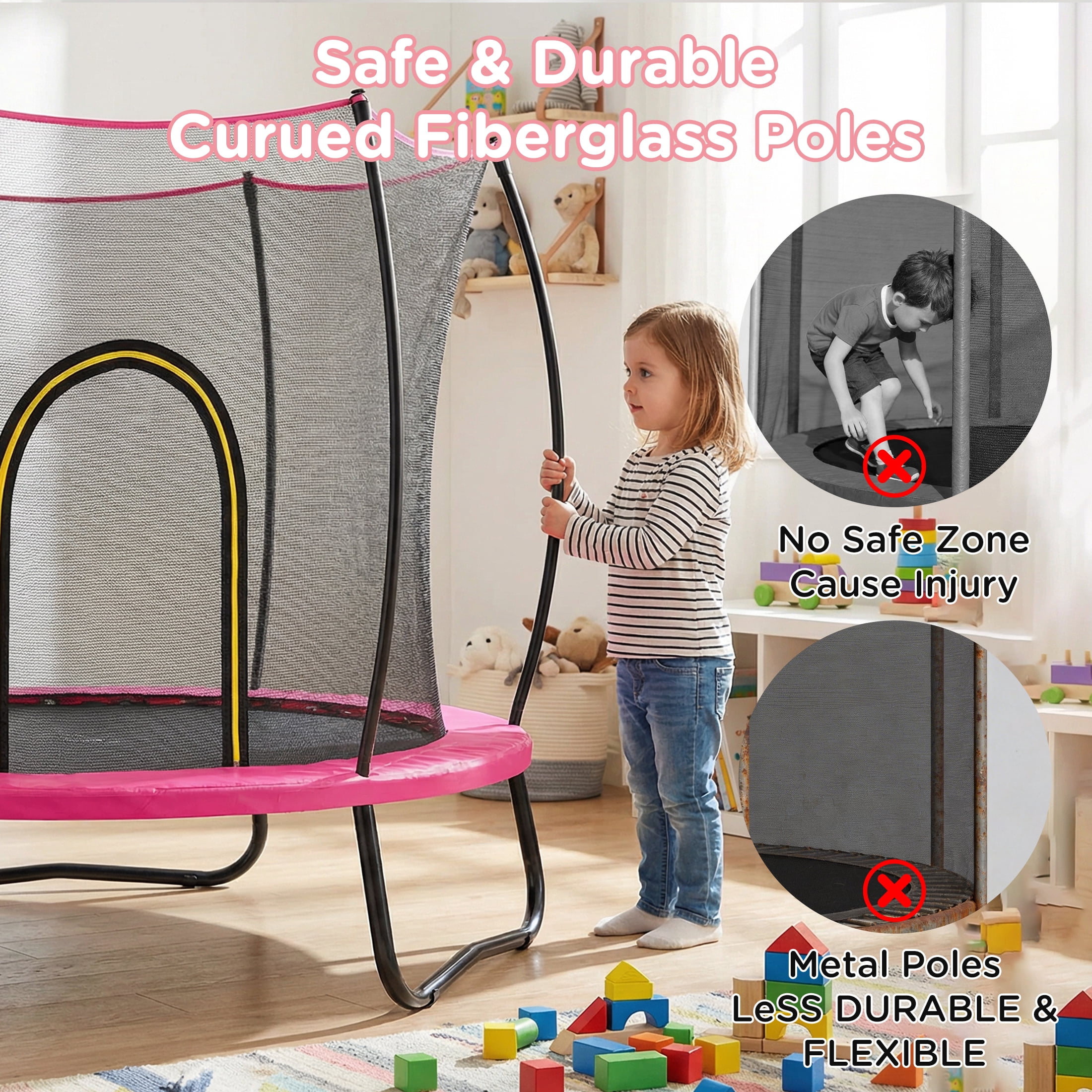Toddler Trampoline with Basketball Hoop, 60" Indoor Trampoline for Kids, Kids Trampoline with Enclosure Net, Rectangle Trampoline with Handle, Small Trampoline for Indoor Outdoor, Mini Trampoline