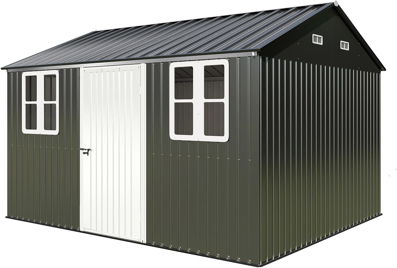 Jocisland 12x10.3x8.2 ft Galvanized Steel Outdoor Storage Shed with Two 4-Pane Windows Lockable Door, for Backyard, Garden, Patio, Dark Grey/White