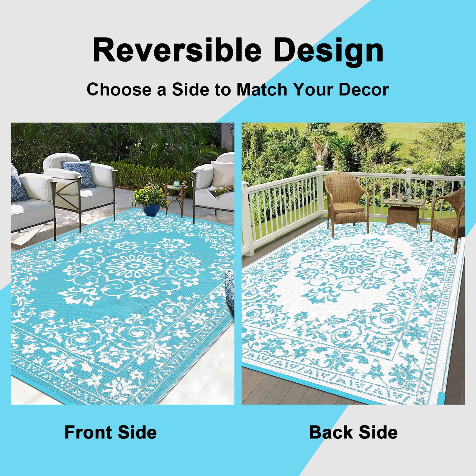 Findosom 8'x10' Boho Mandala Outdoor Rug Patio Rug Large Reversible Plastic Straw Rug RV Outdoor Mat Waterproof Foldable Portable Camping Mat for RV,Patio,Backyard,Deck,Picnic,Beach Teal