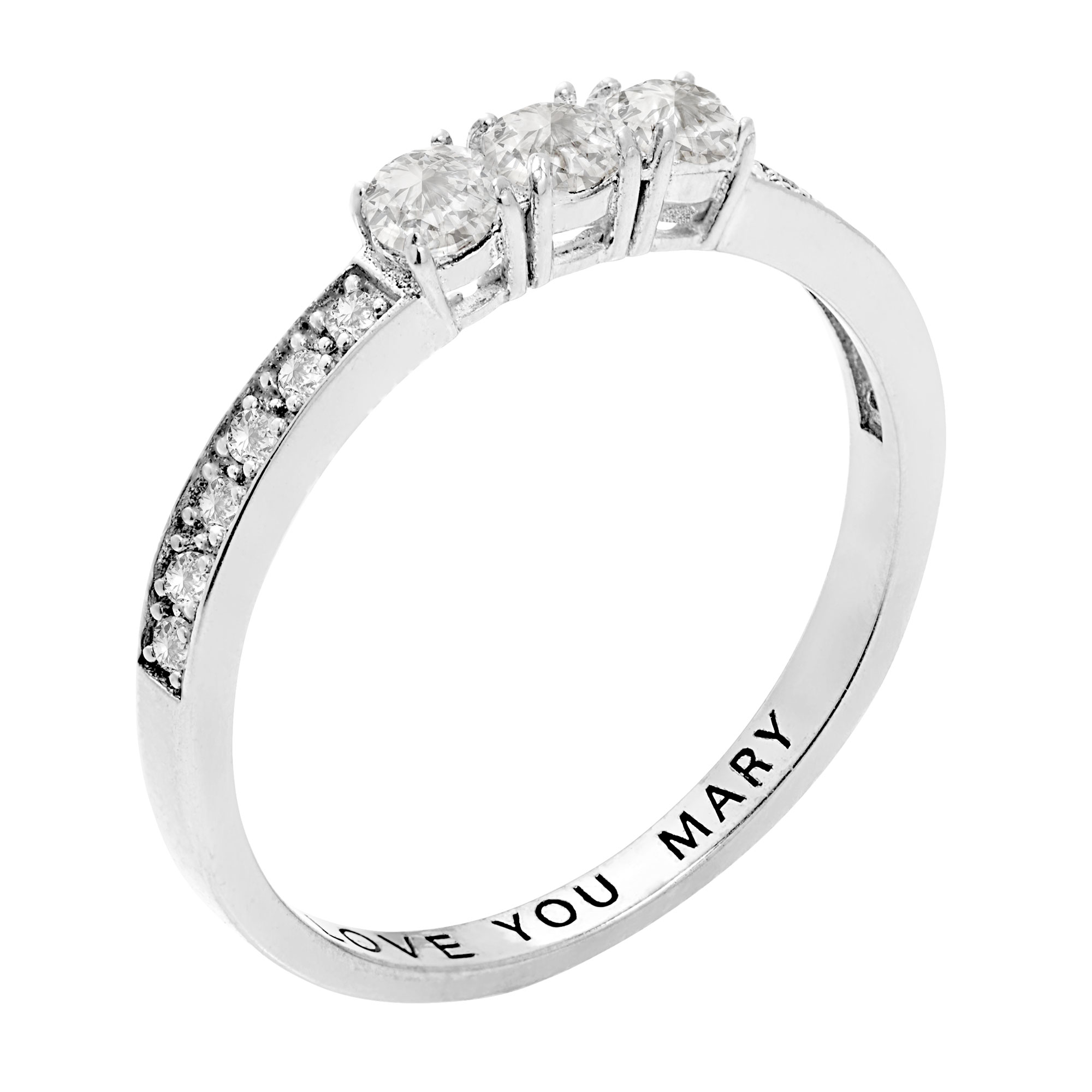 Vow & Forever Personalized Planet Bridal Platinum over Sterling Silver Brilliant White Topaz Three Stone Engraved Wedding Ring ,Women's