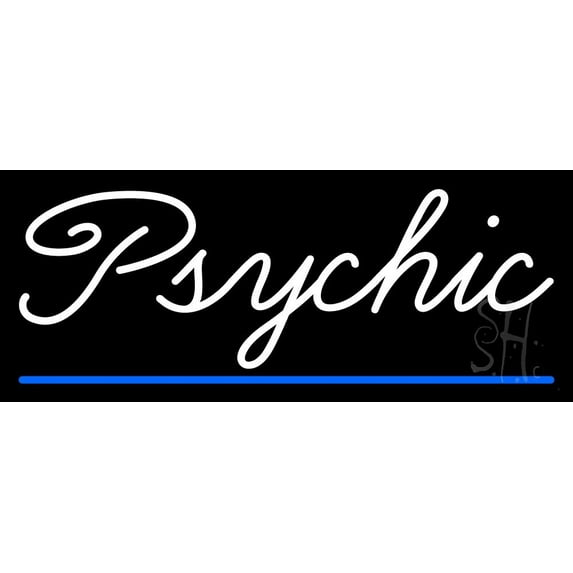 White Cursive Psychic Blue Line LED Neon Sign 10" Tall x 24" Wide - inches Black Square Cut Acrylic Backing, with Dimmer - Bright and Premium built indoor LED Neon Sign for Storefront.