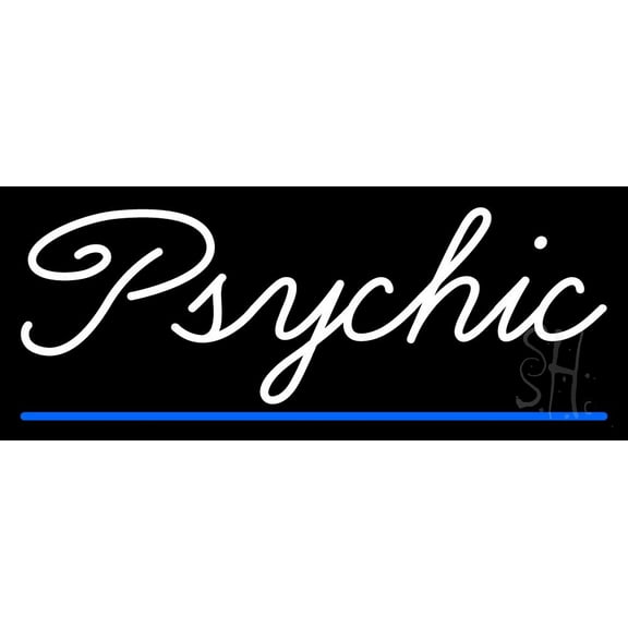 White Cursive Psychic Blue Line LED Neon Sign 13" Tall x 32" Wide - inches Black Square Cut Acrylic Backing, with Dimmer - Bright and Premium built indoor LED Neon Sign for Storefront.
