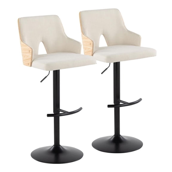 Stella Contemporary Adjustable Barstool Stool with Swivel in Black Metal, Natural Wood and Cream Fabric with Rounded "T" Footrest by LumiSource - Set of 2