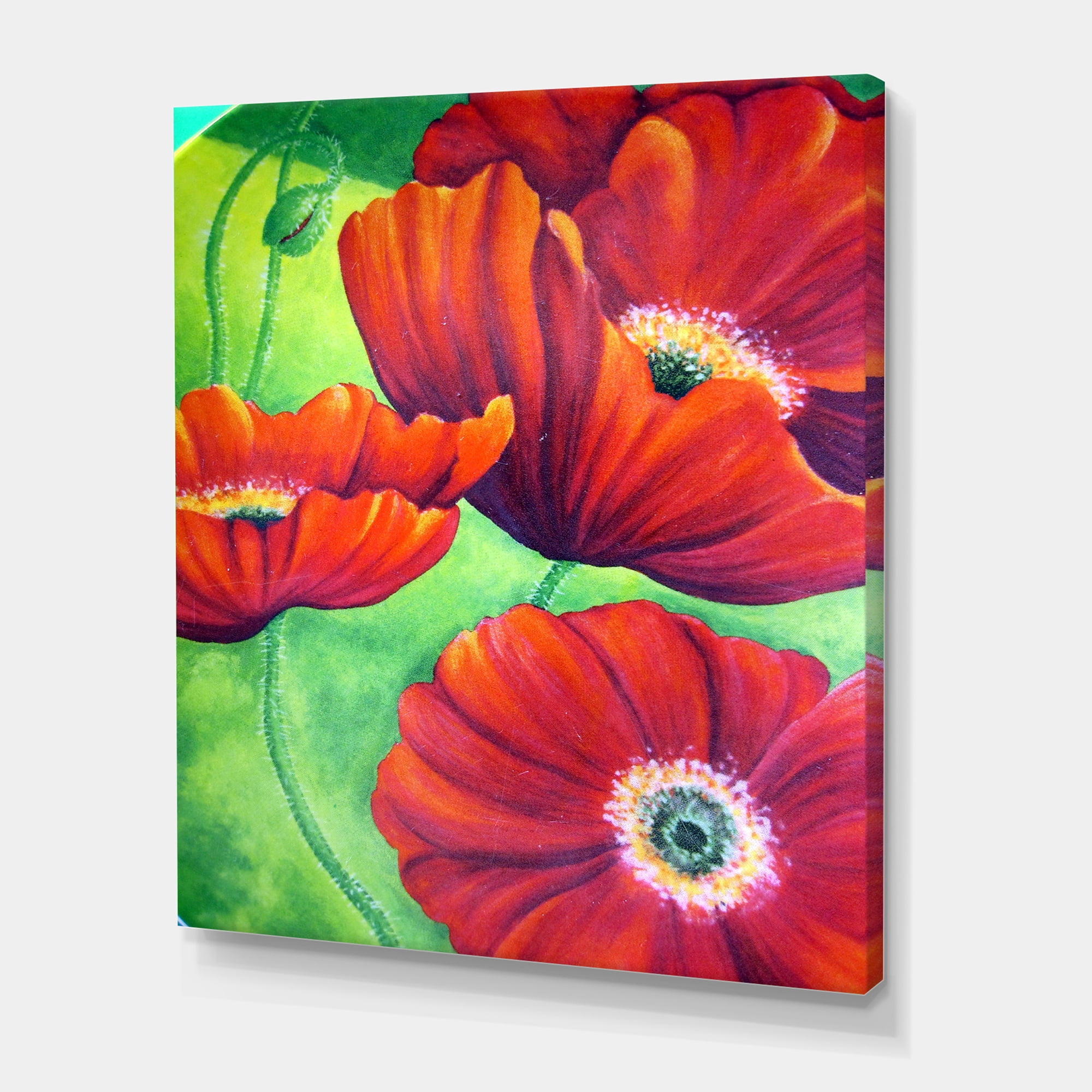 Designart ' Red Blossoming Poppies Over Wild Green V ' Traditional Canvas Wall Art Print