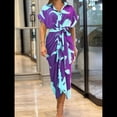 thumbnail image 2 of Vestido Camisero Fruncido con Botones para Mujer, Corta, Solapa, Cuello en V, Elegante Vestido Maxi Floral de Fiesta con Cinturón Púrpura L, 2 of 4