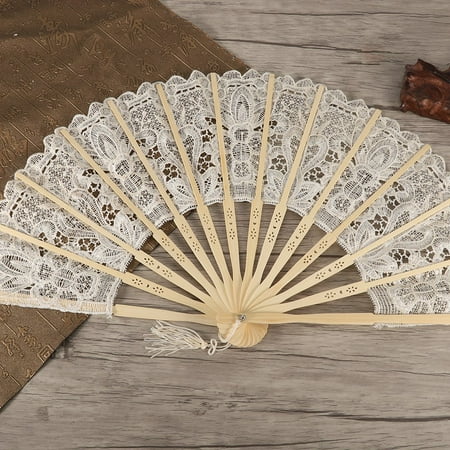 

Attractive Vintage Chinese Style Hand Folding Fan Hollow Lace Folding Fan Lightweight Wedding For Party Home Woman Milk White