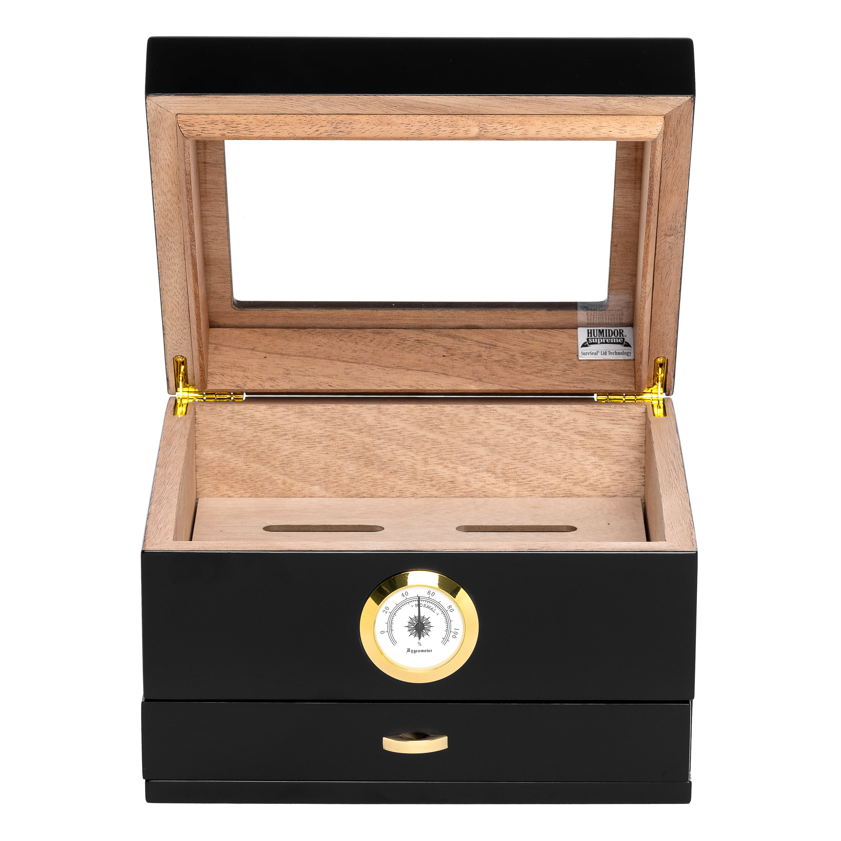 Humidor Supreme Mini Capri Glasstop with Drawer, Black, Hygrometer, 25-48 cigar