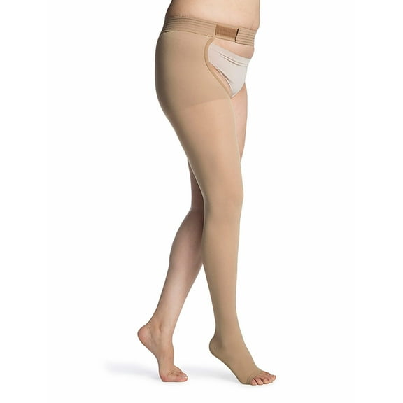 Sigvaris Essential 863 Opaque 30-40 Open Toe Right Thigh High Compression Stocking w/Waist Attachment Crispa SS Short