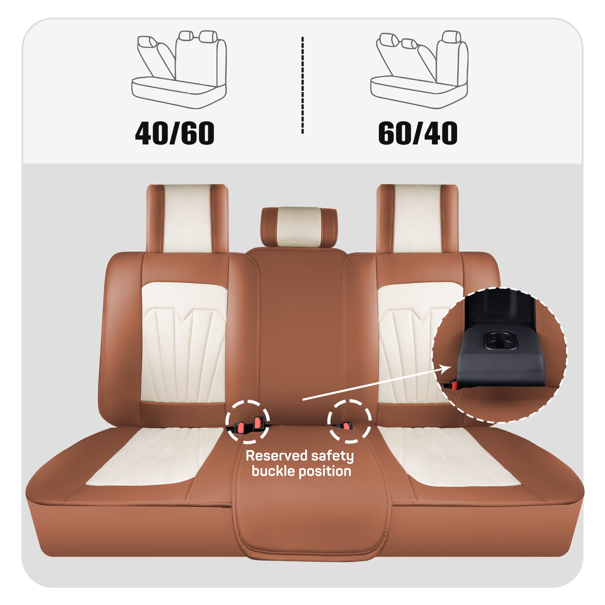 Caromop Universal Car Seat Covers Full Set,3D Foam Support in Velvet & PU Leather,Armrest Compatible for Cars, Trucks, SUVs (Beige/Brown)