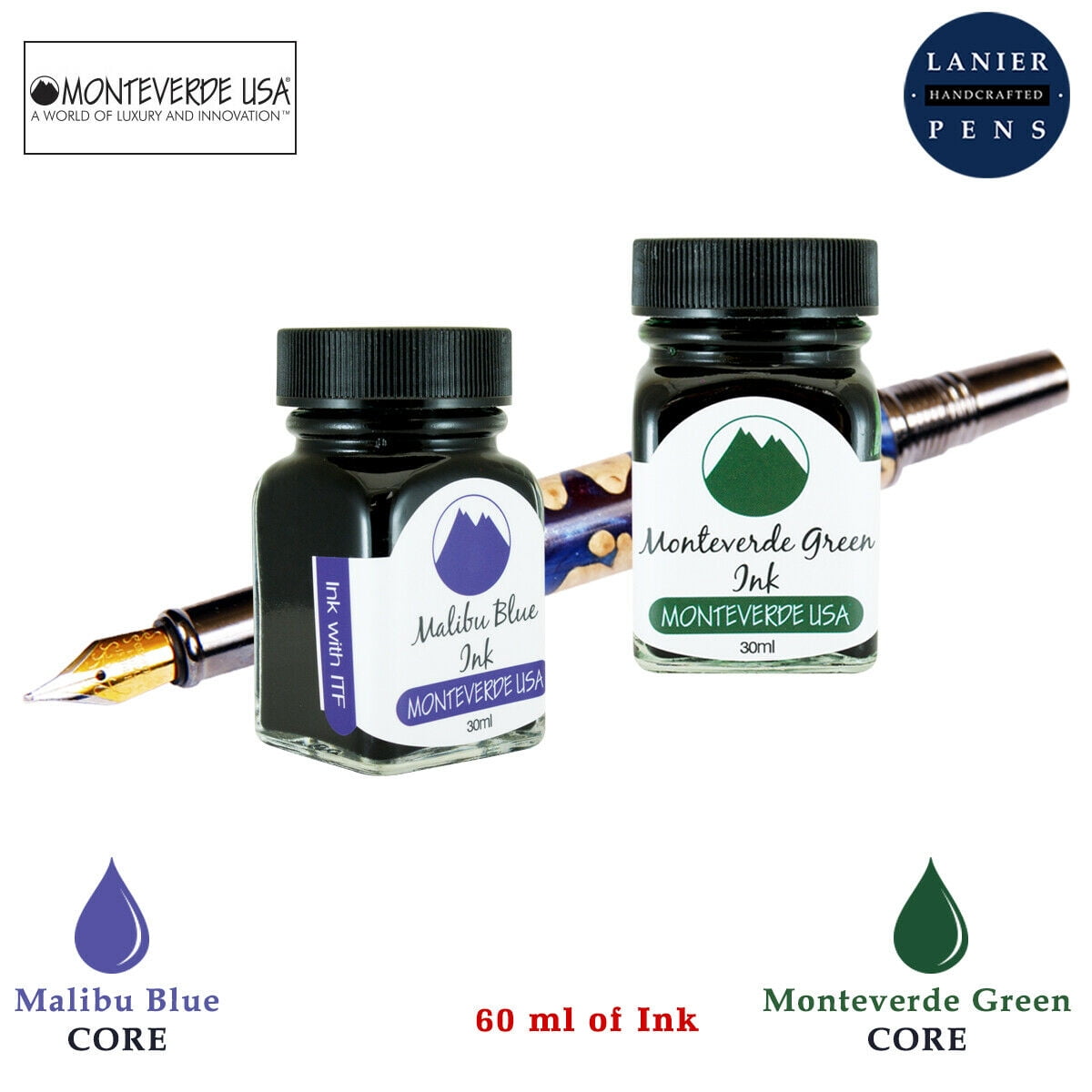 Monteverde 60ml Core Fountain Pen Ink Bottle (30ml Malibu Blue Ink Bottle G309MU, 30ml Monteverde Green Ink Bottle G309MG)
