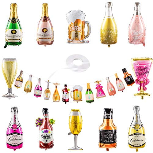 Collect Present Champagne and Wine Bottle Balloons - 12 Foil Balloons with Beers & Cheers Banner - 21st Birthday, Bachelorette and Engagement Party Decorations with Banner Ribbon