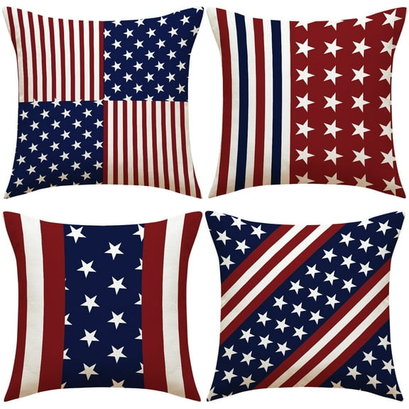 4th of July Patriotic Decorative Throw Pillow Covers 18x18, America USA Rustic Red White Blue Stripes Stars Outdoor Pillowcase, American Independence Day Cushion Case Home Decor
