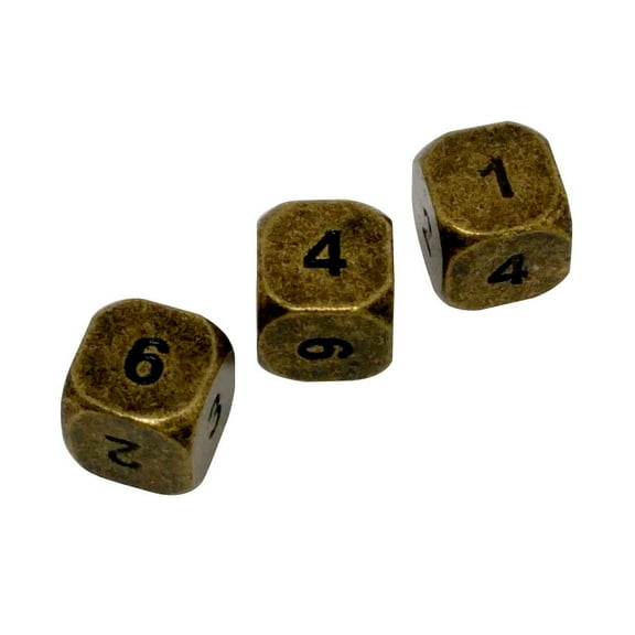 3 Pack of D6 - Gunmetal Gold Color with Black Numbers Metal Dice -