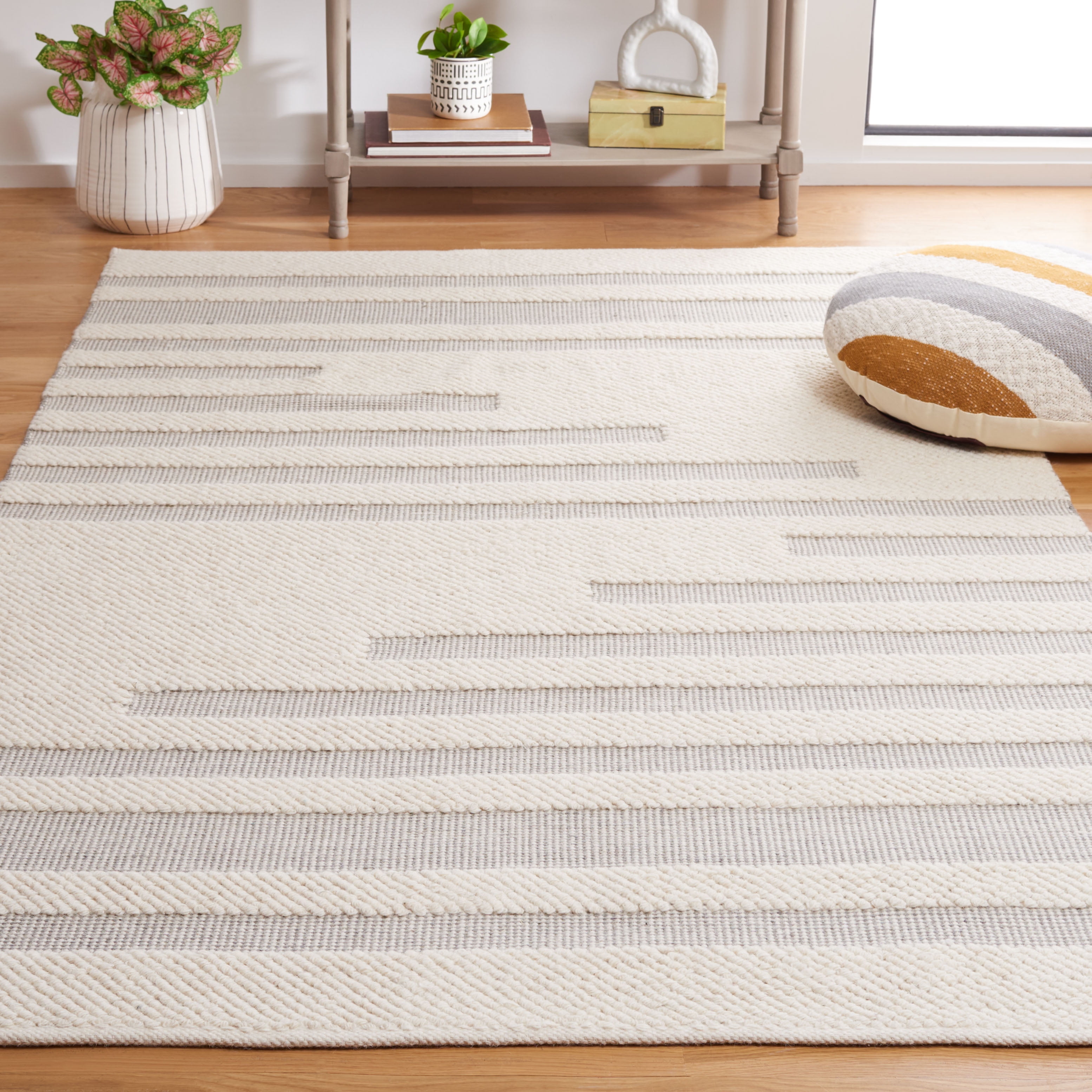 SAFAVIEH Natura Dara Geometric Striped Wool Area Rug, Ivory/Grey, 6' x 6' Square