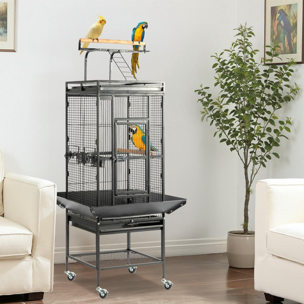 GVN Bird Cage, Small Bird Habitat,65-Inch Wrought Iron Large Rolling Bird Cage with Play Top And Stand for Parrots Lovebird Cockatiel Parakeets, Black