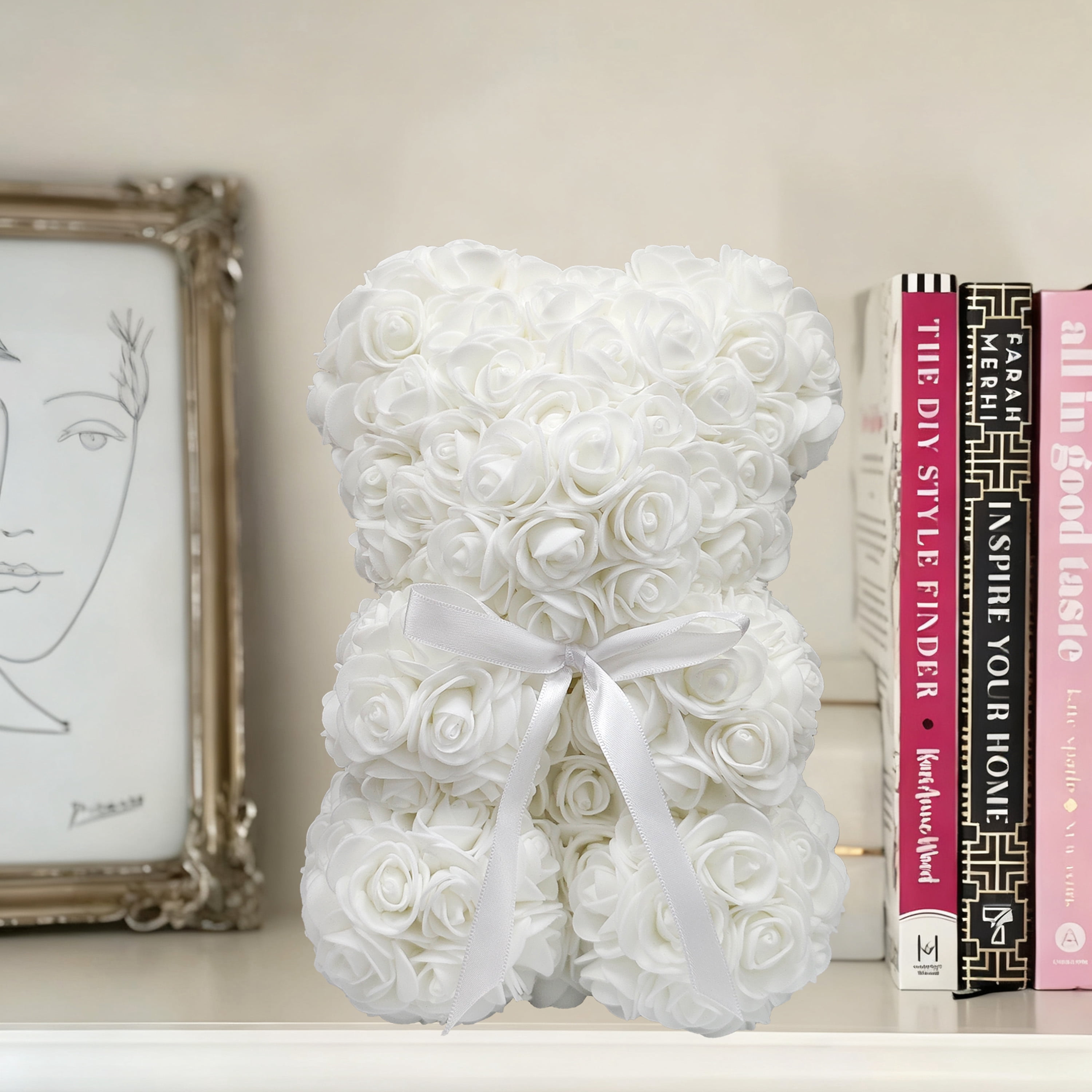 Way To Celebrate 9.25" Artificial Rose Bear Valentine's Day Gift, White Color