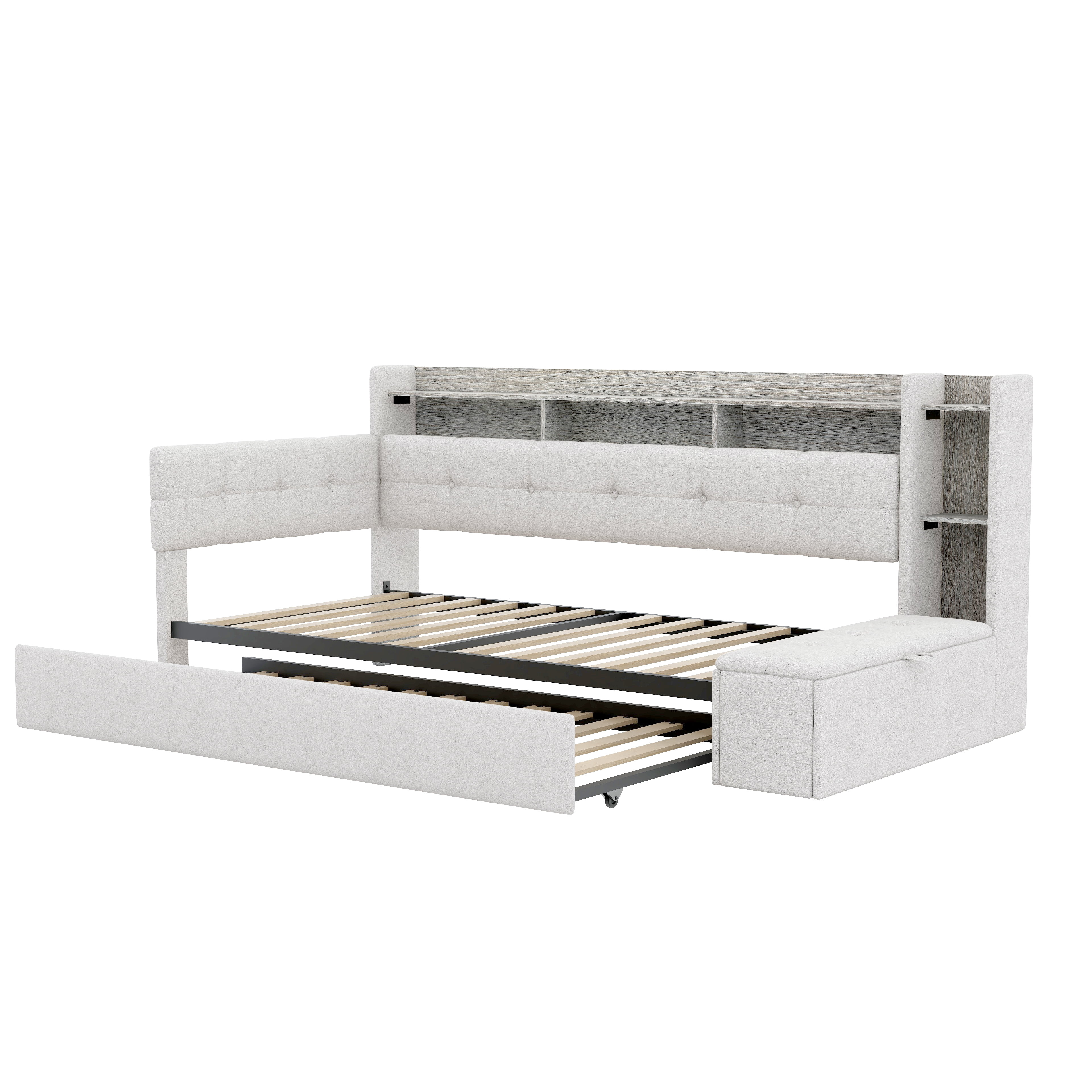 Euroco Upholstery Twin Size Daybed with Trundle, Storage Sofa Bed with Footstool and Shelves, LED Light and USB Charging, Beige