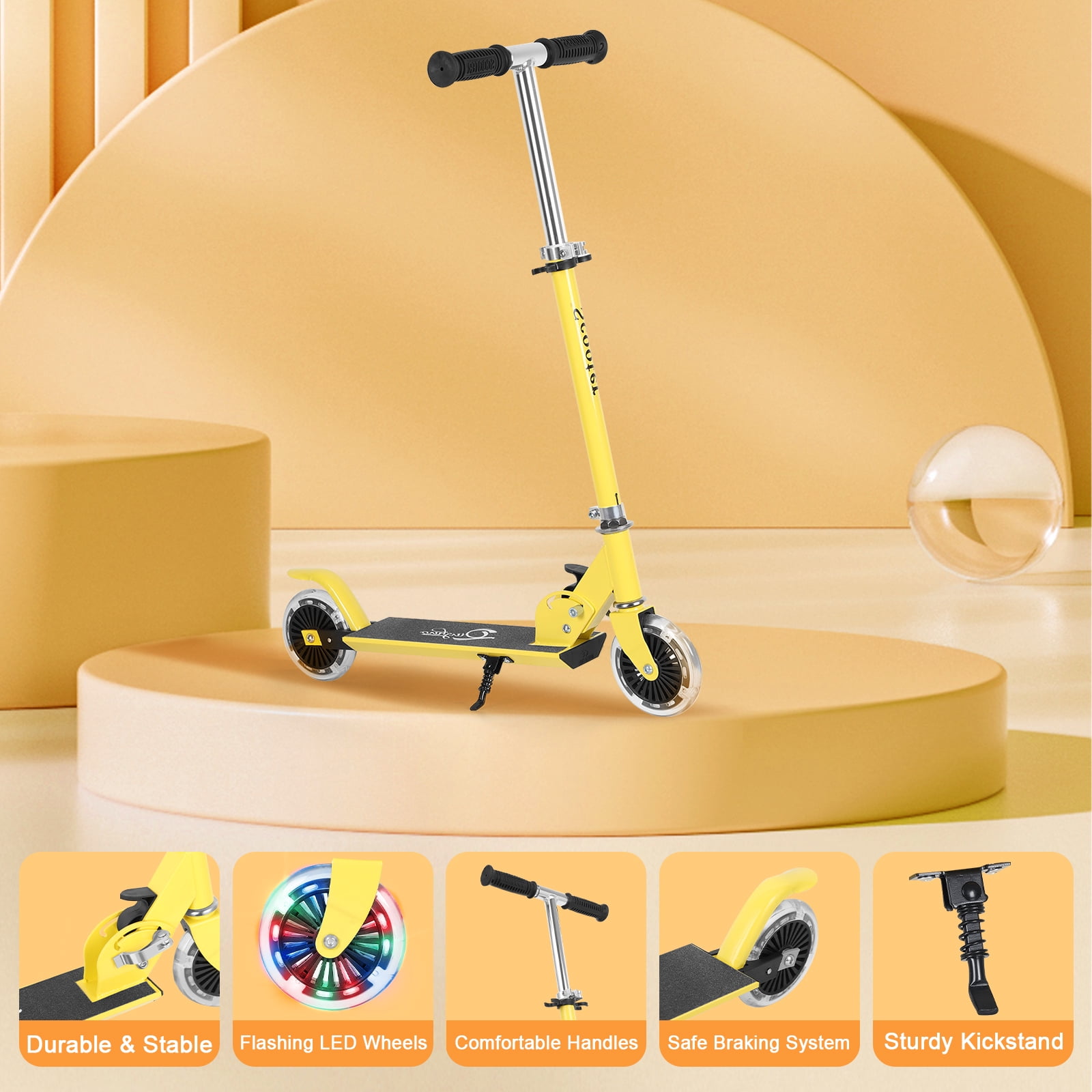 Scooter With 2 Wheels, for Kids Ages 6+, Kickstand Foot Support, Adjustable Height & Foldable, Yellow