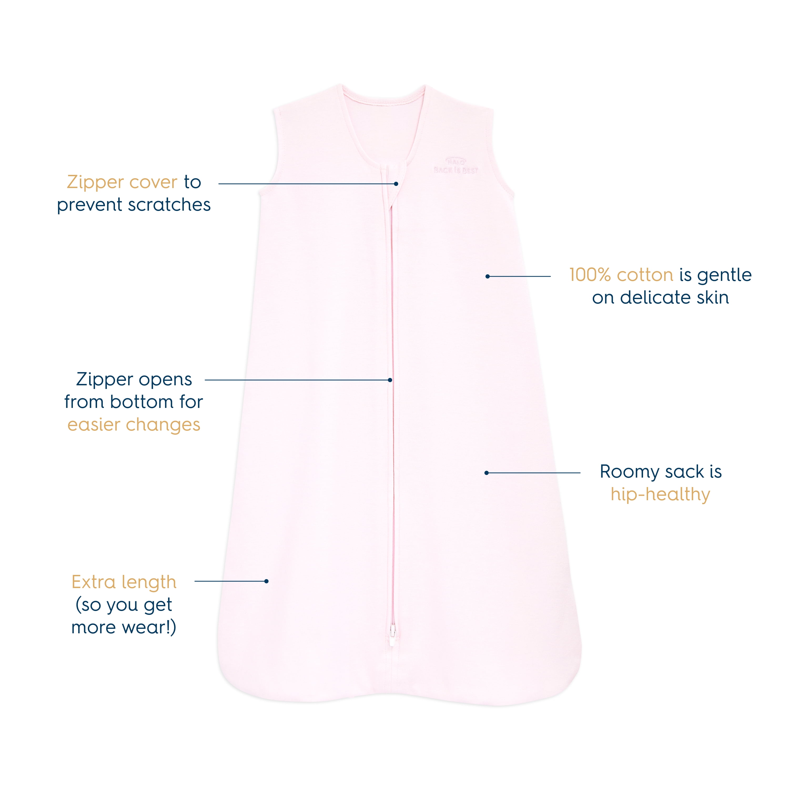 HALO Sleepsack Wearable Blanket, 100 percent cotton, Soft Pink, Toddler Girls, Extra Large, 18-24 Months