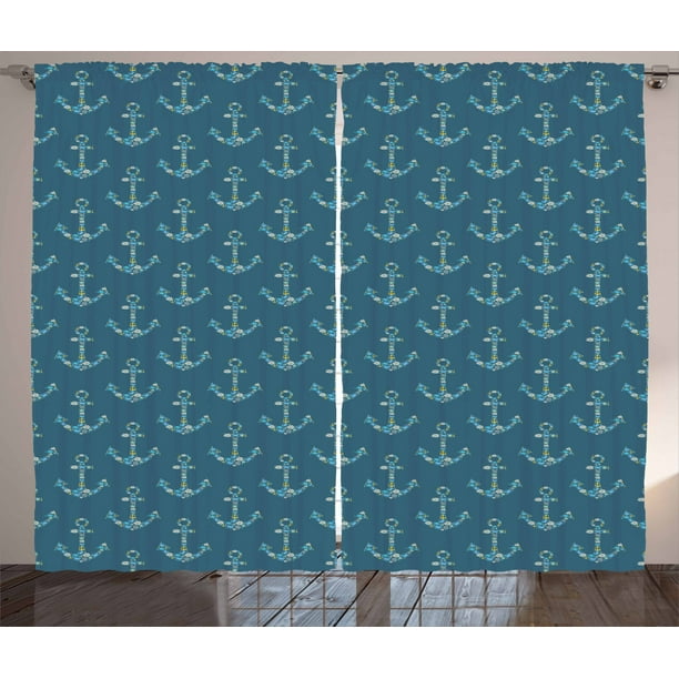 Anchor Curtains 2 Panels Set, Stylized Anchors with Maritime Figures