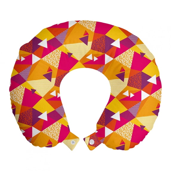 Abstract Travel Pillow Neck Rest, Repetitive 90's Style Design Triangles Stripes Dots Geometric Illustration Print, Memory Foam Traveling Accessory Airplane and Car, 12", Multicolor, by Ambesonne