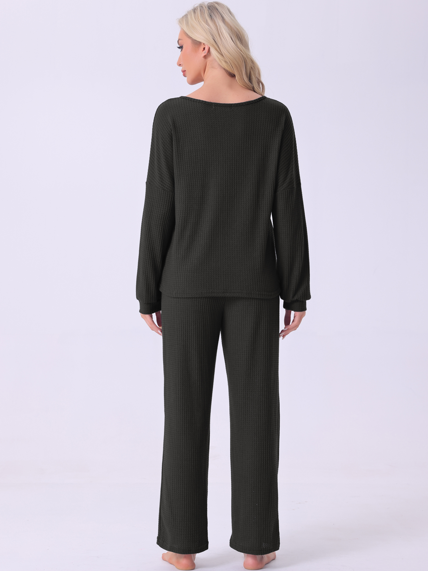 DARING DIVA Women's Pajama Set Waffle Knit Lounge Long Sleeve L Black