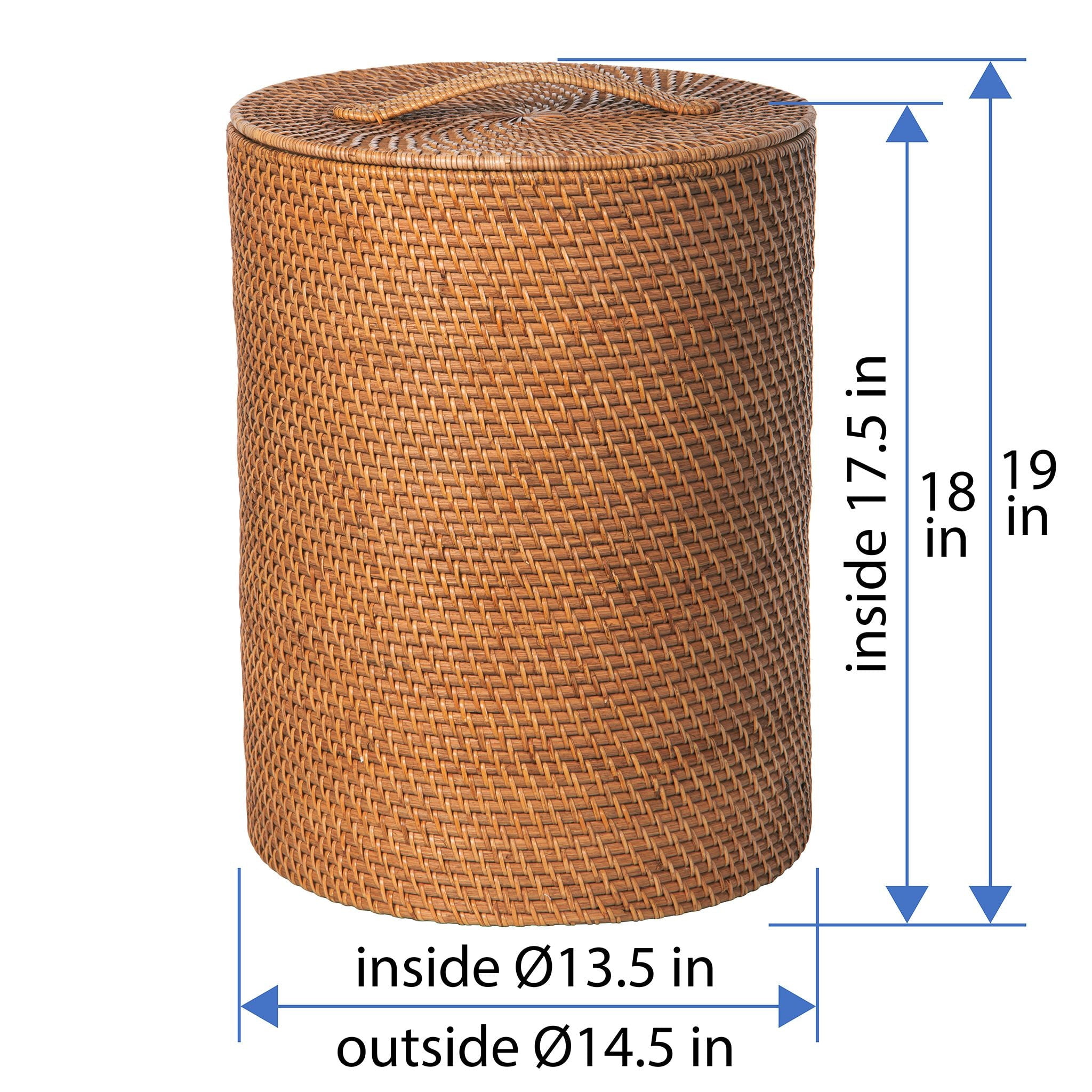 Kouboo Loma Round Rattan Hamper, Handmade Wicker Laundry Basket with Lid & Removable Liner, Honey Brown