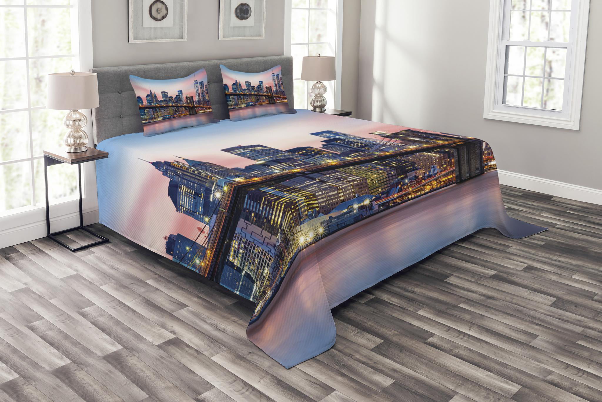 Details about   New York Quilted Bedspread & Pillow Shams Set Brooklyn Bridge Print 