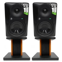 (2) Mackie MR524 5” Powered Active Studio Monitor Bi-Amped Speakers Wood Stands