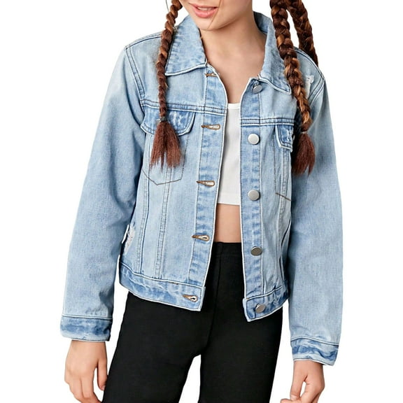 Mercatoo Girls Ripped Jean Jacket Front Pocket Button Long Sleeve Collared Jean Coat Retro Classic Casual School Clothes
