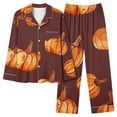 thumbnail image 2 of Halloween Pajamas Women Casual Full Theme Printed 2 Pc Long Sleeve Pocket Button Down Lapel Shirts Loose Pants Soft Fall Winter Nightwear Silk Relaxation Womens Loungewear Set Brown L, 2 of 3