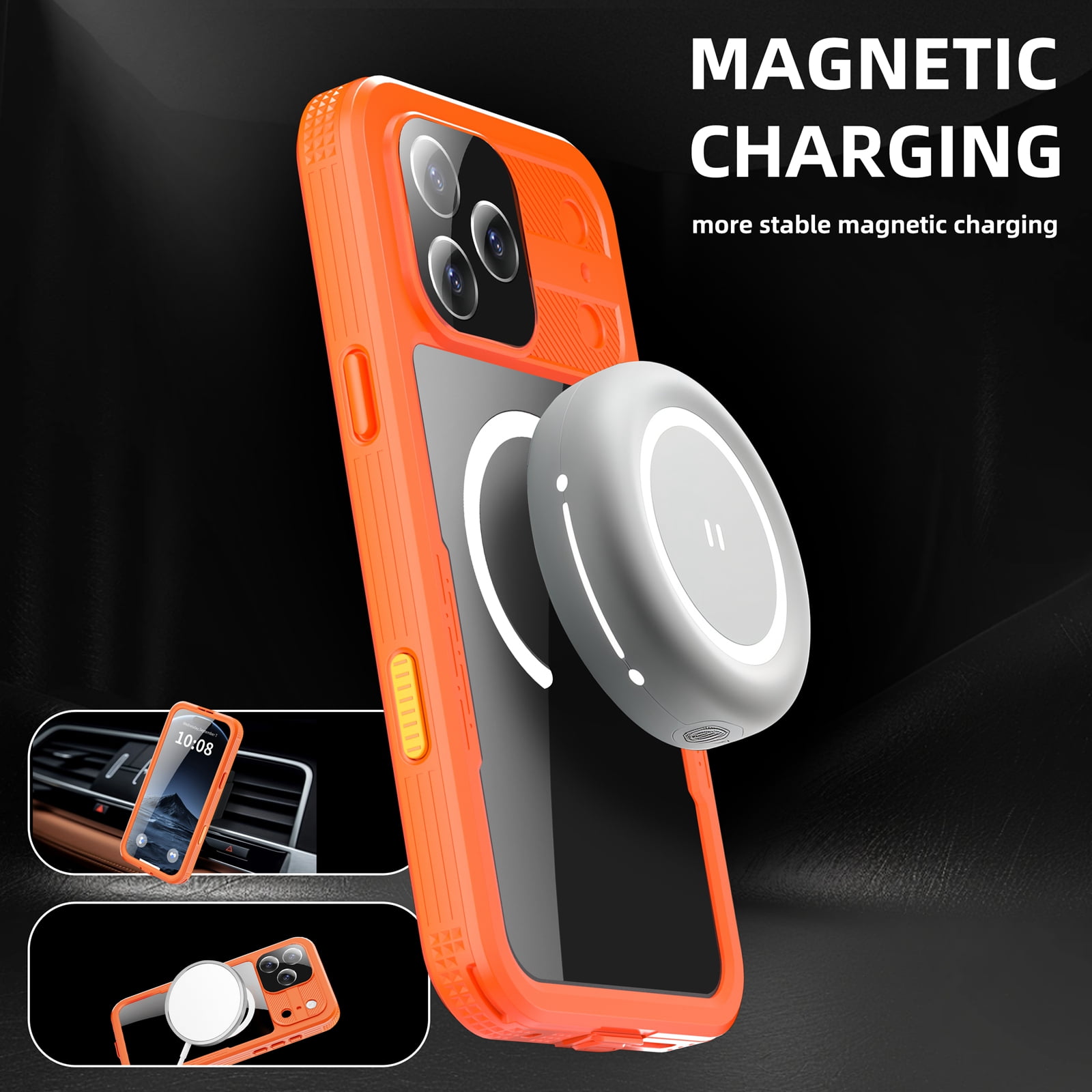 Dteck for iPhone 17 Pro Max Waterproof Case Compatible with MagSafe, Magnetic Waterproof Full Body IP68 Underwater Case Built-in Screen Protector Military Grade Shockproof Case for Men Women,Orange