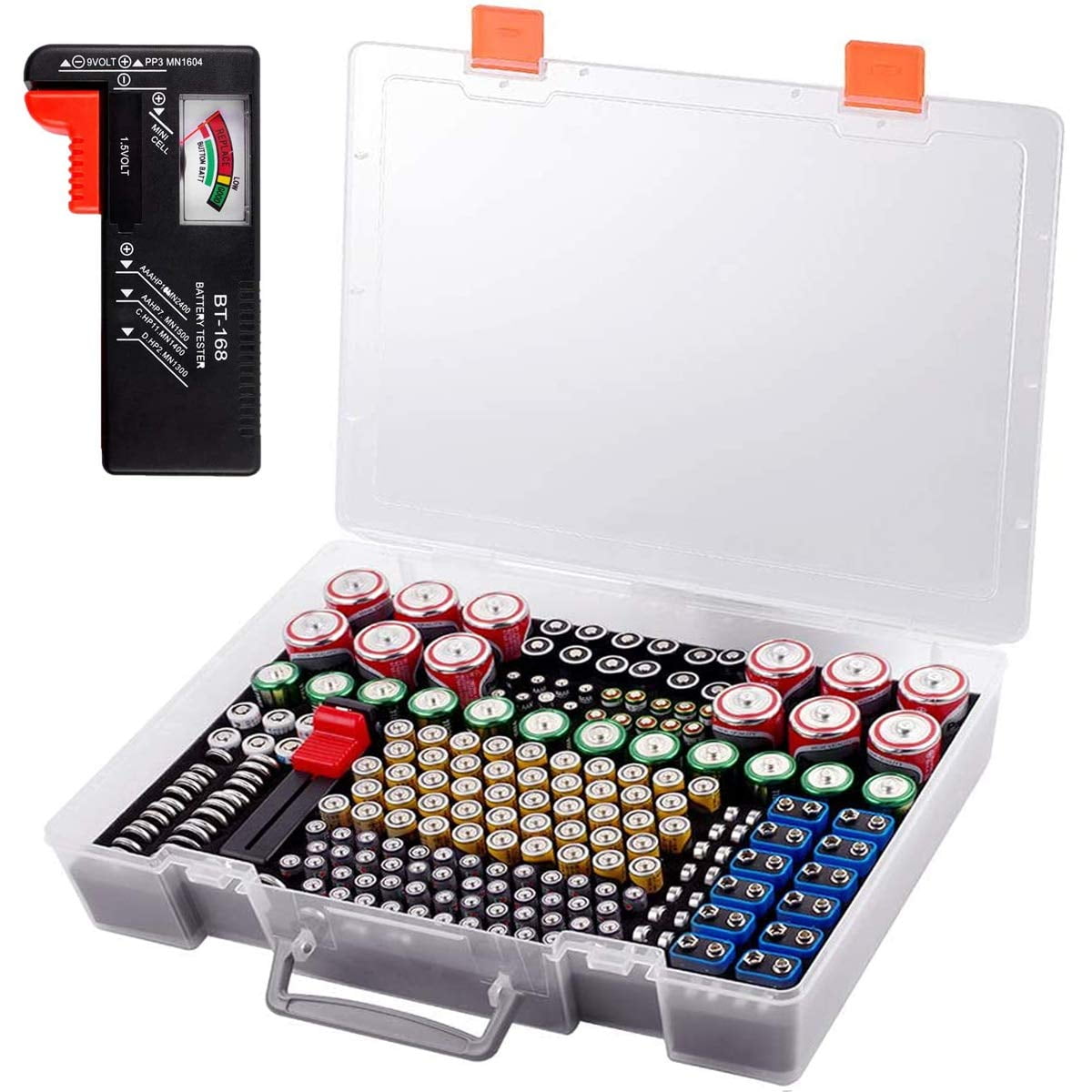 The Battery Organizer Storage Case Hinged Clear Cover Includes Battery Tester in Black