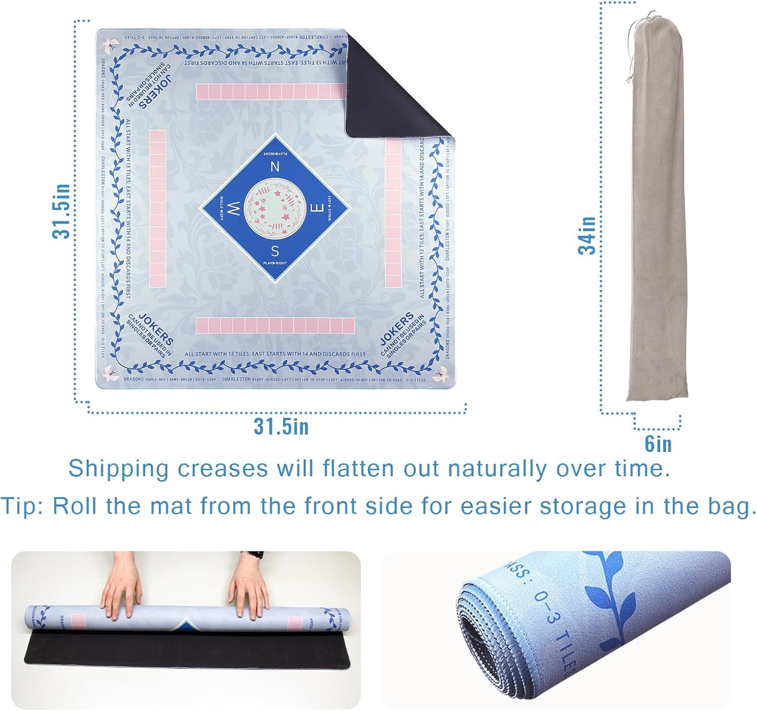 Mahjong Mat 31 * 31 Inch Non-Slip Noise Reduction, American Mahjong Mat for Table with Bag, Waterproof Surface Mah Jongg Mats for Poker, Card, Dominoes, Board & Tile Games (Light Blue)