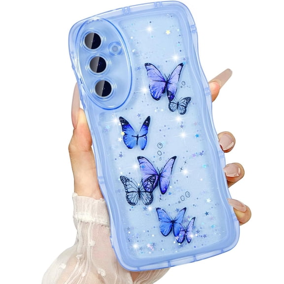 Dteck Cute Case for Samsung Galaxy S25 FE,Glitter Butterfly Clear Shiny Bling Soft TPU Shockproof Phone Protective Cover,Blue