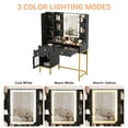 thumbnail image 4 of Makeup Vanity with Lights, 3 Lighting Modes Vanity Desk with Soft Cushioned Stool, Modern Dressing Table with Charging Station, 3 Drawers, a Cabinet and Open Shelves for Bedroom, Black, 4 of 8