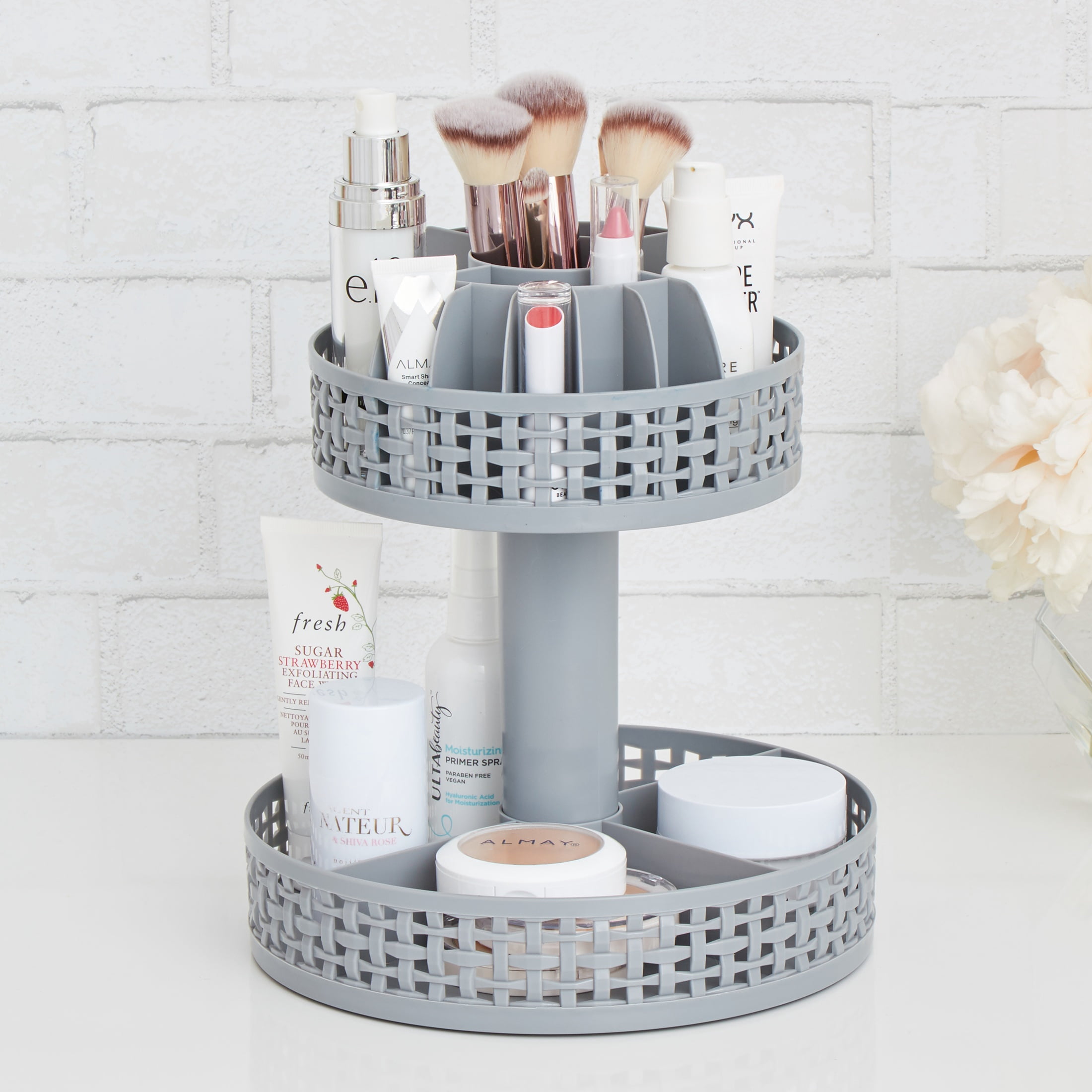 Thinkspace Beauty Brand Freestanding Rotating Beauty Organizer  with 17 Compartments to Hold Different Sized Items. Gray.