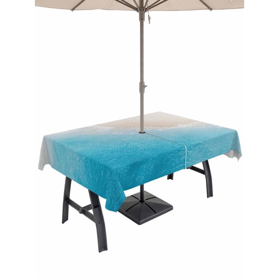 Outdoor Tablecloth with Umbrella Hole for Patio/Picnic/Party/Camping, Blue Beach Summer Waterproof Table Cloth Rectangle Table Cover Washable, Ocean Seaside Nautical Ombre (60"x 84")