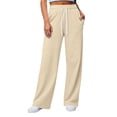 thumbnail image 2 of Women's High Waist Sweatpants, Drawstring Elastic Waist Joggers with Pockets, Loose Fit Wide Leg Lounge Pants for Workout, Running, Yoga, Loungewear and Daily Casual Wear-Khaki, 2 of 4